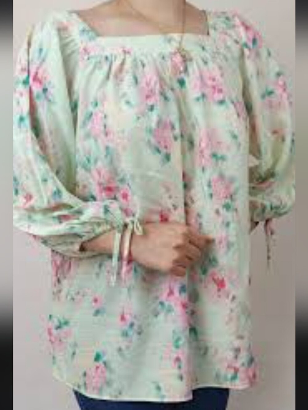 LC Lauren Conrad Mint Floral Tie-Sleeve Peasant Blouse Size XS Oversized